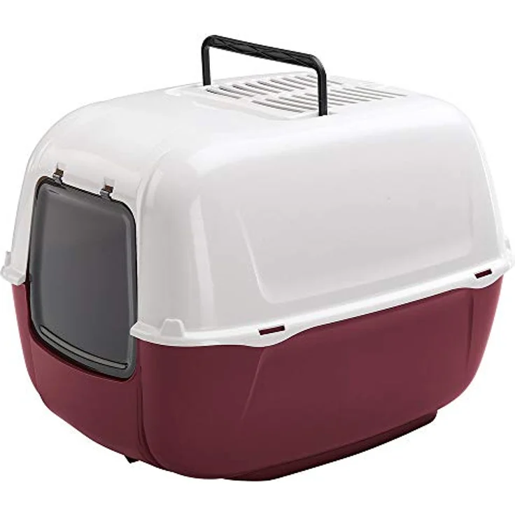 Ferplast Katzentoilette mit Deckel, Katzenklo, mit zwei Aktivkohlefiltern gegen schlechte Gerüche, Schwingtür und Griff, 52,5 X 39,5 X 38 cm Bordeaux – Bild 1
