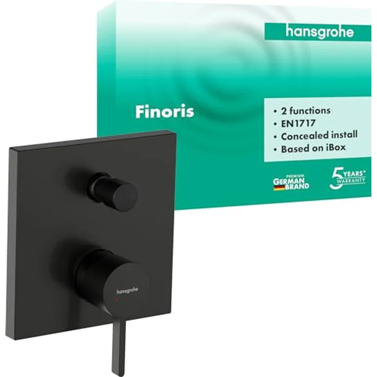 hansgrohe Finoris, Einbau-Badarmatur für zwei Geräte, gebürstetes Schwarzchrom, Sicherheitskombination EN1717, quadratische Abdeckplatte 156 x 156 mm – Bild 1