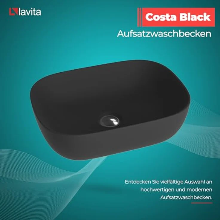 LAVITA Aufsatzwaschtisch Costa Black| Rechteckiges Aufsatzwaschbecken aus hochwertigem Porzellan | Waschbecken ohne Überlauf und Hahnloch | 46x32,5x13,5 cm | Schwarz Matt – Bild 2