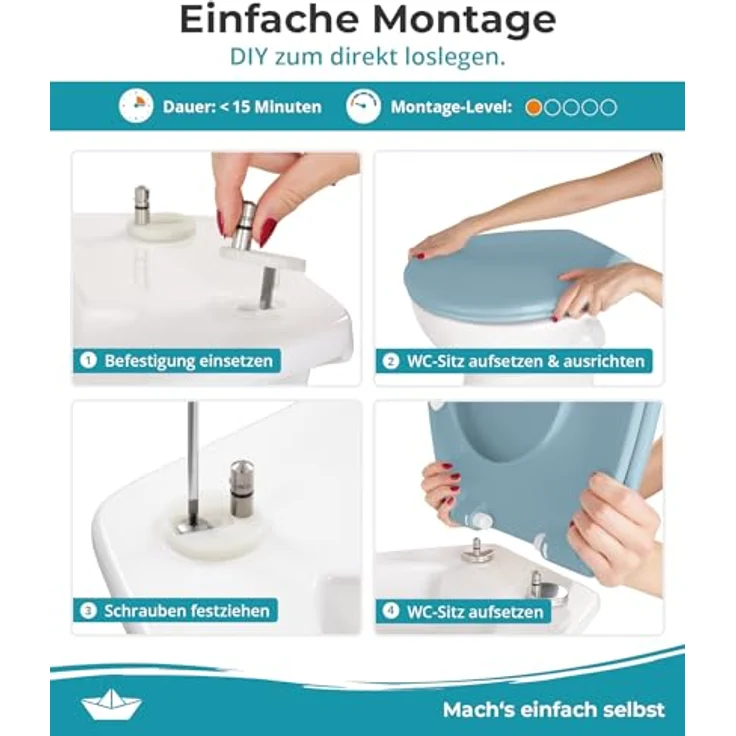 Calmwaters WC Sitz Premium Bermuda-Blau, Duroplast mit Absenkautomatik, antibakteriell, 250 kg Tragkraft, abnehmbar, Made in EU – Bild 3