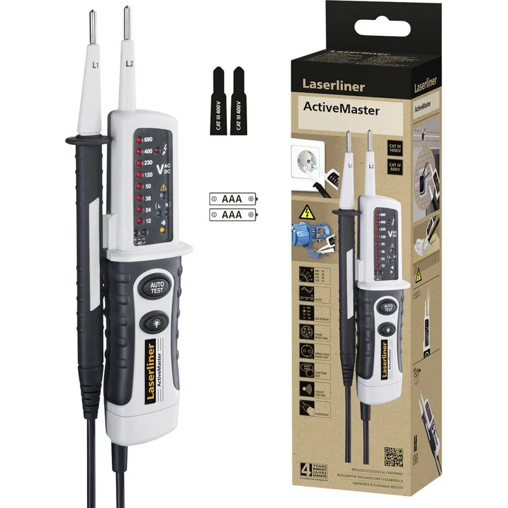 LASERLINER Spannungsprüfer Laserliner ActiveMaster, Spannungs- und Durchgangsprüfer, recyceltes Kunststoffgehäuse, automatische Bereichs- und Funktionsumschaltung, Taschenlampe, batterieloser Notbetrieb (ActiveMaster)