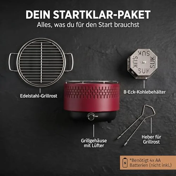 SOUK ONE Tischgrill mit Aktivbelüftung, Holzkohlegrill Grill mit Lüfter, Campinggrill BBQ Outdoor (Rot) – Bild 8