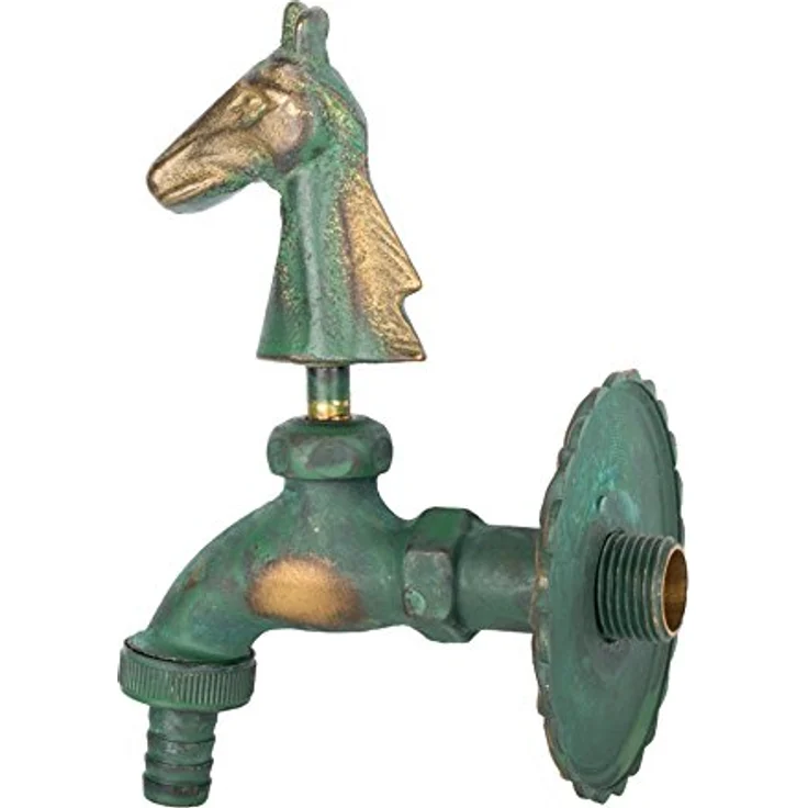 Boni-Shop Nostalgie Auslaufventil Wasserhahn, Pferdkopf Motiv patiniert, Messing massiv, 1/2" Wandanschluss inkl. Wandrosette – Bild 2