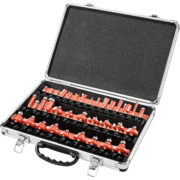 GRAPHITE Widia-Fräser, Gabelfräsern, Schaft 8 mm, Hartmetall (HM)-Einsatz, Satz mit 35 Stück, für Holz, Aluminiumkoffer, 13 U-Nut-Fräser, 6 gerade Fräser, 3 Formfräser, 3 Keilnutfräser, 10 Zierfräser