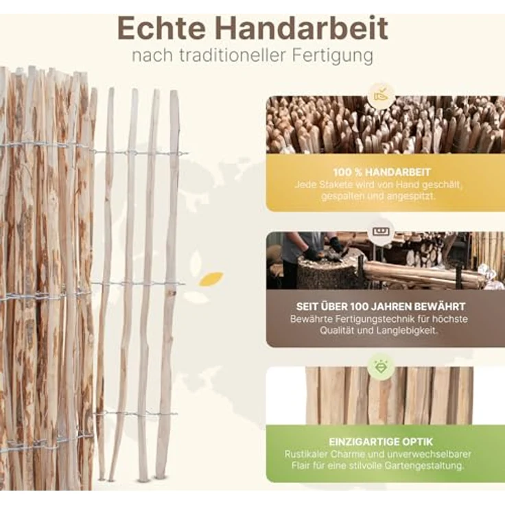 STILTREU Staketenzaun Haselnuss, 100 cm hoch, 5 Meter lang, Lattenabstand 3-5 cm, witterungsbeständig, handgefertigt – Bild 4