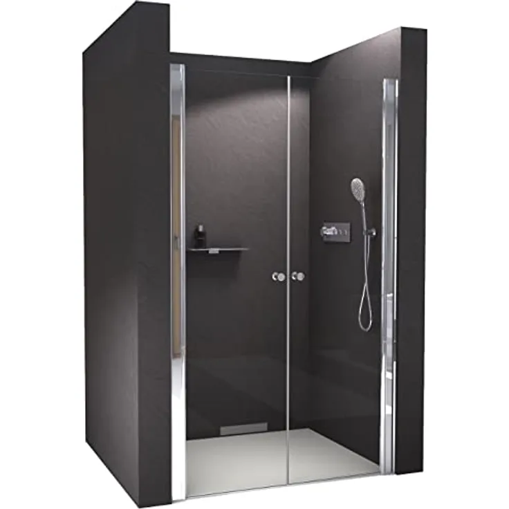 NEXTREND Nischendusche NT218, Doppelpendeltüren aus 6 mm Nano Echtglas, Breite: 960 mm, Profilfarbe: Schwarz matt