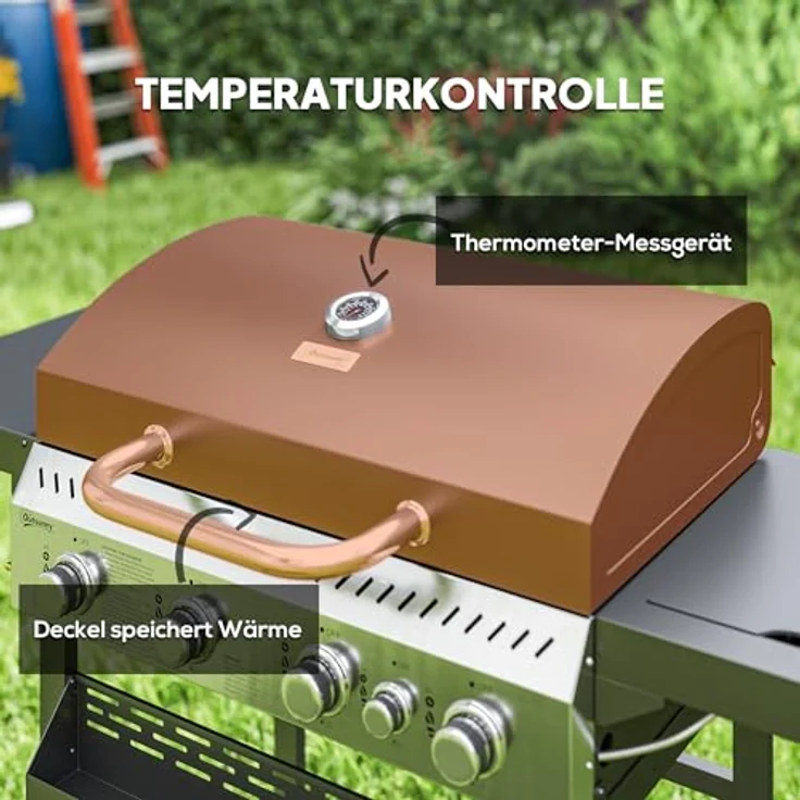 Outsunny Gasgrill 12 KW 4+1 Brenner BBQ Grillwagen Edelstahl, mit Seitenbrenner, Thermometer, Grillrost und Ablagen, für Balkon und Camping, 135 x 55 x 103 cm – Bild 4