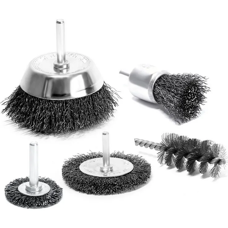 S&R Drahtbürste Set für Bohrmaschinen, gewellter Stahldraht - Rundschaft 6mm, Winkelschleifer, Flex, 5-tlg, für Sicheres entrosten, entgraten, abtragen, schleifen, Farbe: 5-tlg.