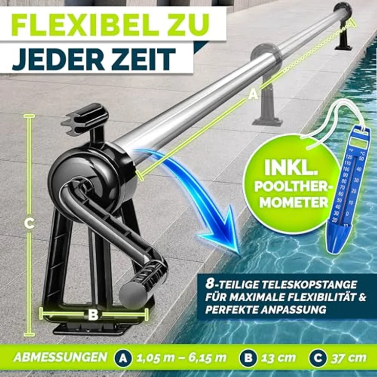 tillvex Pool Aufroller Premium, Ausziehbar von 1,05-6,15 m, inkl. Thermometer & 8 Befestigungsbänder, witterungsbeständig, mobile Aufrollvorrichtung für Solarplane – Bild 2