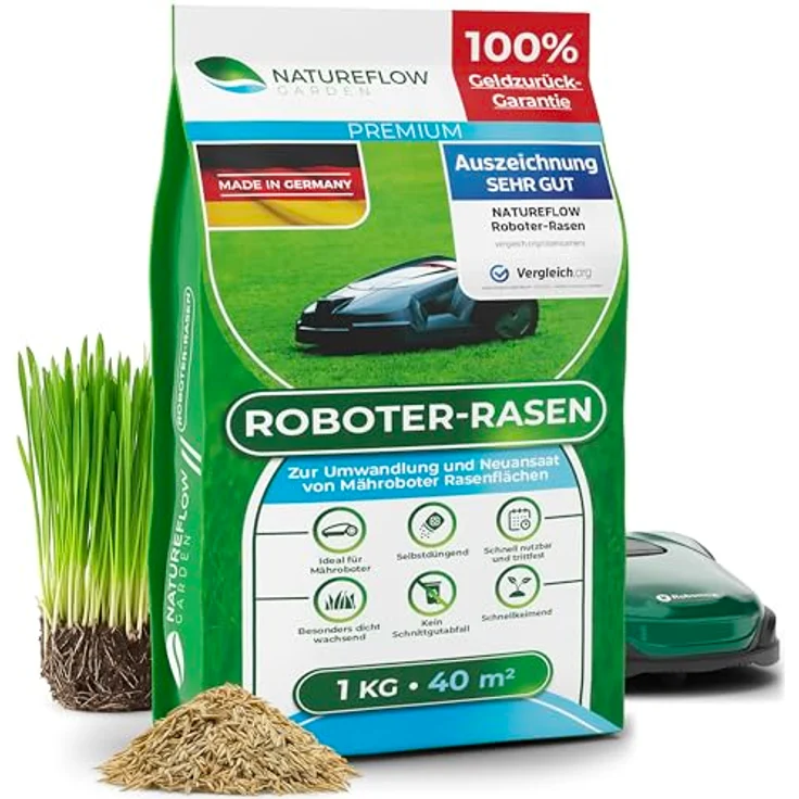 NATUREFLOW Mähroboter Rasensamen schnellkeimend 1kg, Test Sehr Gut, für pflegeleichten Garten, Unkrautfrei, Made in Germany – Bild 1