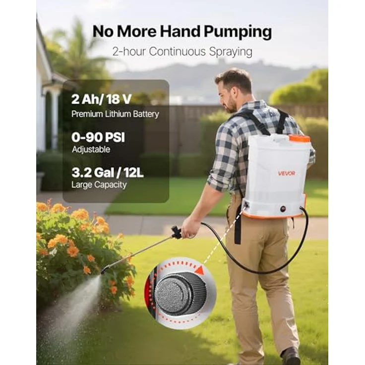 VEVOR Akku-Sprühgerät 12 L, elektrischer Rücken-Drucksprüher mit 2 einziehbaren Stäben und 5 Düsen, einstellbar 0–6 bar, 2 Stunden Laufzeit, tragbarer Pumpsprüher für Hof, Garten und Rasen – Bild 2