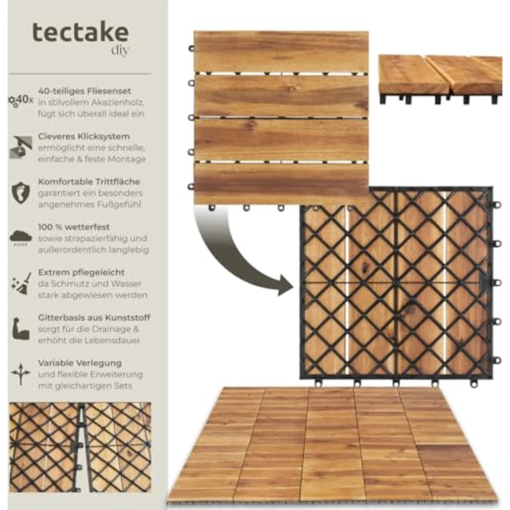 tectake Terrassenfliesen Tabula, 3,844 m², 40-teiliges Set mit Klicksystem, Akazienholz, rutschfest und wetterfest – Bild 2