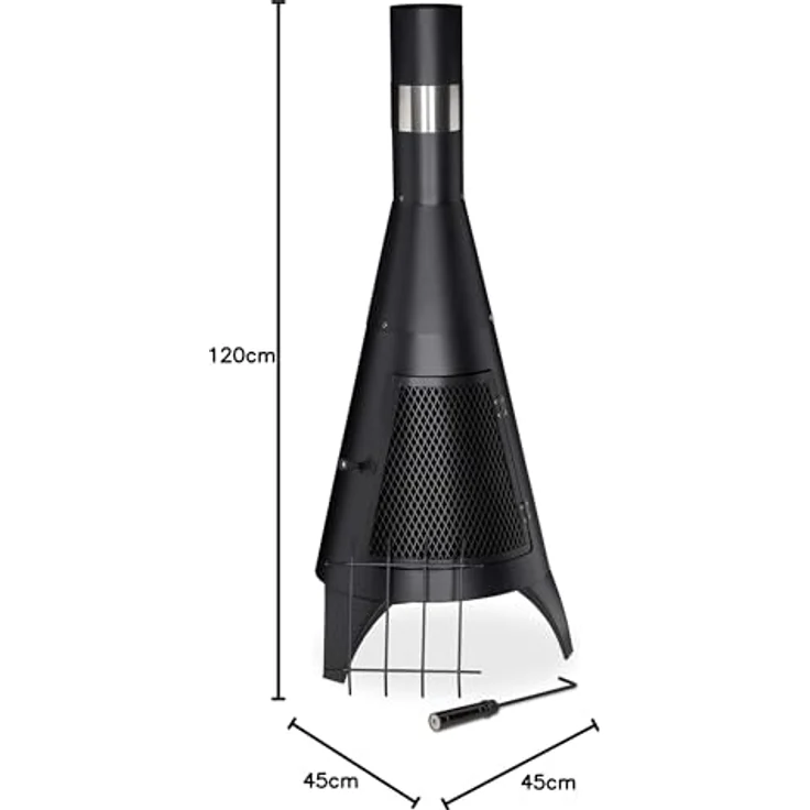 Relaxdays Terrassenofen mit Funkenschutz Tür, dekorative Feuerstelle für Holz, Gartenofen, HxD: 120x45cm, Stahl, schwarz – Bild 6