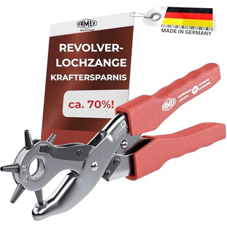 FAMEX Revolverlochzange 3519 Profi Lochzange mit ca. 70 % Hebelübersetzung, Made in Germany, für Leder, Gürtel uvm., vernickelt – Bild 2