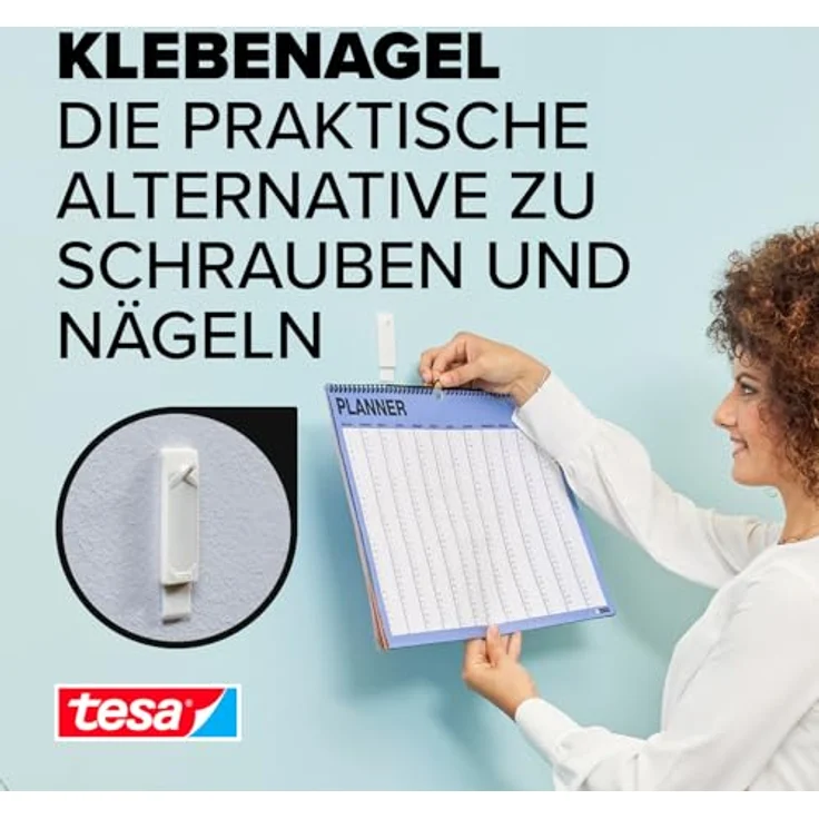 tesa Klebenagel für Tapeten und Putz - Selbstklebende Nägel für empfindliche Oberflächen - Leicht anzubringen und zu entfernen - rückstandslos - 2 x 1kg Halteleistung – Bild 2