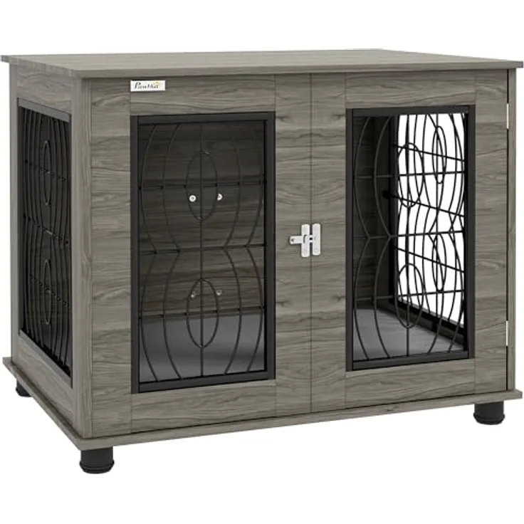 PawHut Hundekäfig, Hundehaus mit Kissen, Verschließbare Vordertür, Indoor Hundehütte mit Drahtgeflecht-Belüftung für mittelgroße Hunde bis 20 kg, Grau, 80 x 56 x 63 cm