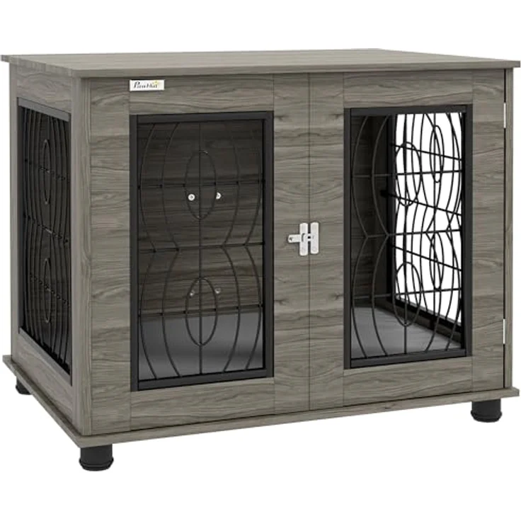 PawHut Hundekäfig, Hundehaus mit Kissen, Verschließbare Vordertür, Indoor Hundehütte mit Drahtgeflecht-Belüftung für mittelgroße Hunde bis 20 kg, Grau, 80 x 56 x 63 cm – Bild 1