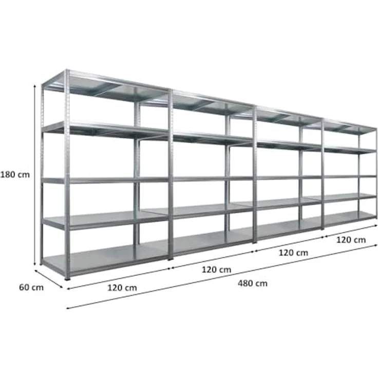 Proregal Metallregal Mega Deal Steel Eagle, Schwerlastregal 180 x 120 x 60 cm, 5 verstellbare Böden, Traglast 130 kg, verzinkt, einfache Steckmontage – Bild 2