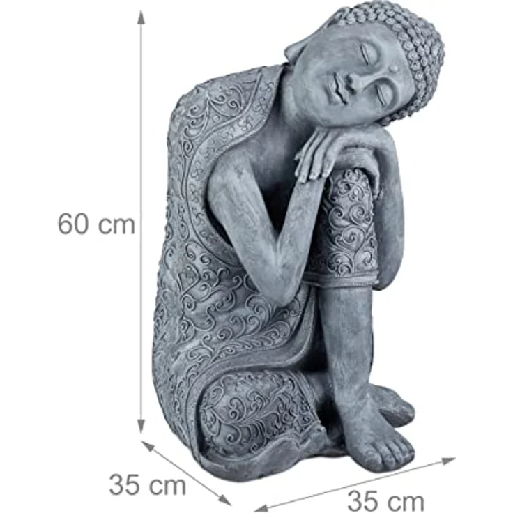 Relaxdays Buddha Figur geneigter Kopf, XL 60cm, Asia Deko, Gartenfigur, Dekofigur Wohnzimmer, frost- & wetterfest, grau – Bild 5