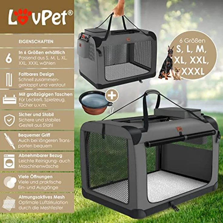 Lovpet® Hundebox Hundetransportbox faltbar Inkl.Hundenapf M 60x42x42cm Transporttasche Hundetasche Transportbox für Haustiere, Hunde und Katzen Haustiertransportbox Anthrazit – Bild 2