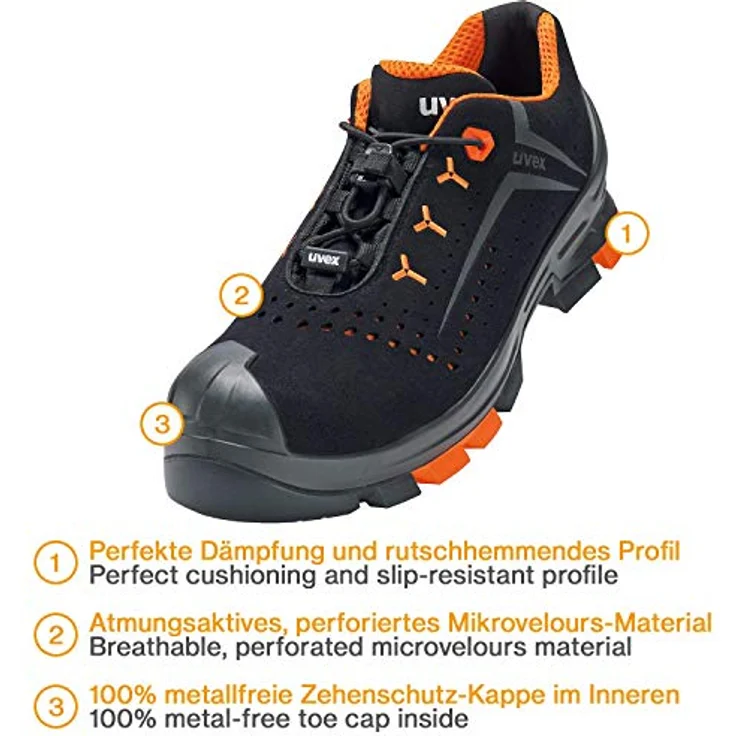 uvex 2 Sicherheits-Halbschuhe S1P schwarz-orange Arbeitsschuhe für Damen und Herren, atmungsaktiv, metallfrei mit ESD-Sohle Größe:EU 47 – Bild 3