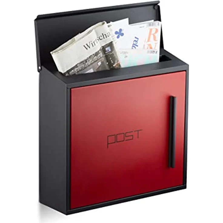 Relaxdays Briefkasten rot modern Zweifarben Design, DIN-A4 Einwurf, Stahl, groß, HxBxT: 33 x 35 x 12,5 cm, schwarz-rot – Bild 1