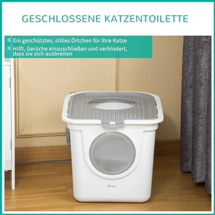 PawHut Katzentoilette mit Deckel Katzenklo mit Schaufel, Toilette für Katzen bis 5 kg, für Indoor, Kunststoff, Grau+Weiß, 44 x 55 x 39 cm – Bild 5