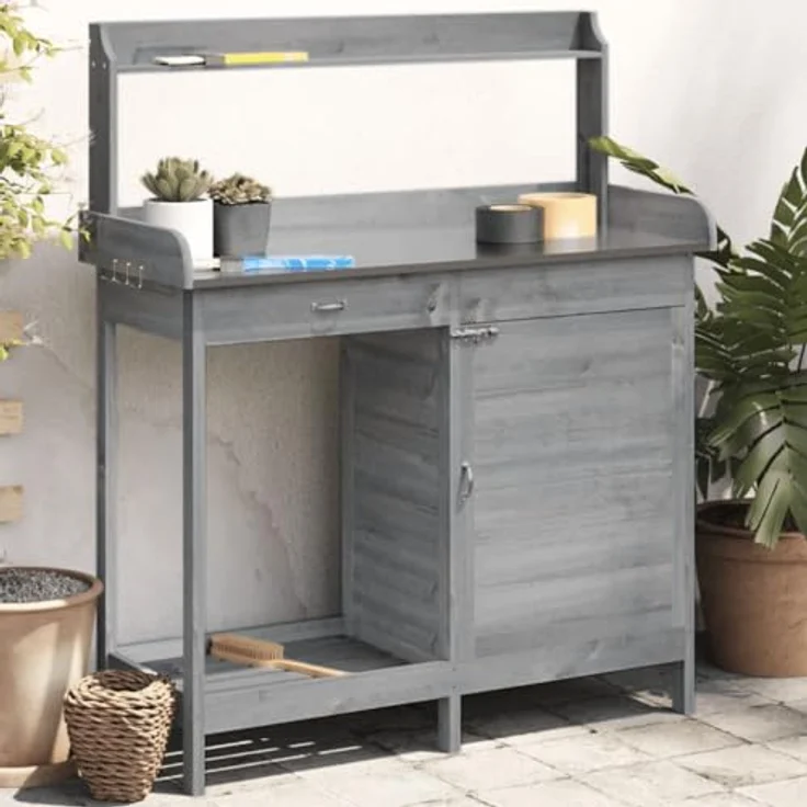vidaXL Pflanztisch mit Schrank, Gärtnertisch aus grau massivem Tannenholz, vielseitiger Stauraum und verzinkter, wasserfester Tischplatte – Bild 2