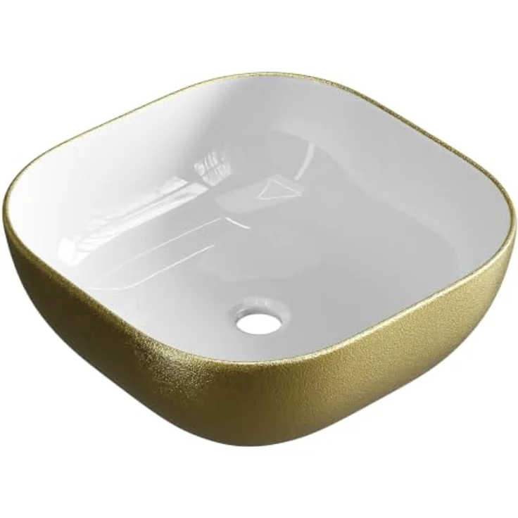 Planetmöbel Aufsatzwaschbecken Aquil, Keramik Waschbecken 42 cm quadratisch, glänzend in Gold, ohne Hahnloch und Überlauf, für Waschtische und Waschplätze – Bild 1