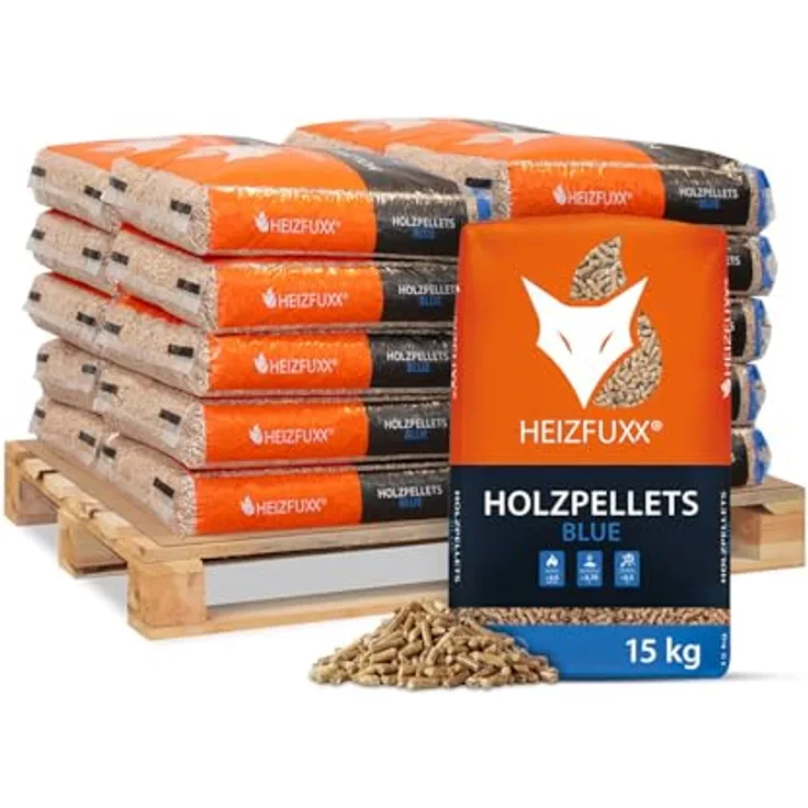 HEIZFUXX Holzpellets Blue, 15kg Sack mit hohen Heizwerten und langer Brenndauer, 300kg Palette