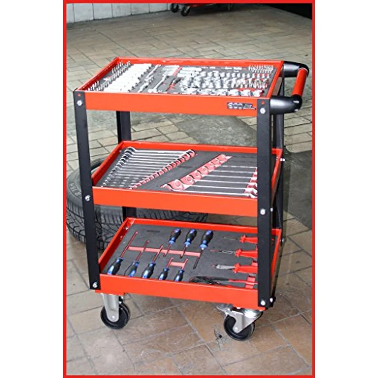 KSTOOLS ECOline Werkstatt-Servicewagen, H850xB680xT425mm, stabiler Stahlblech-Konstruktion, 3 Etagen, rot, hohe Tragkraft bis 150 kg, leicht rollbar mit 4 Rädern – Bild 12