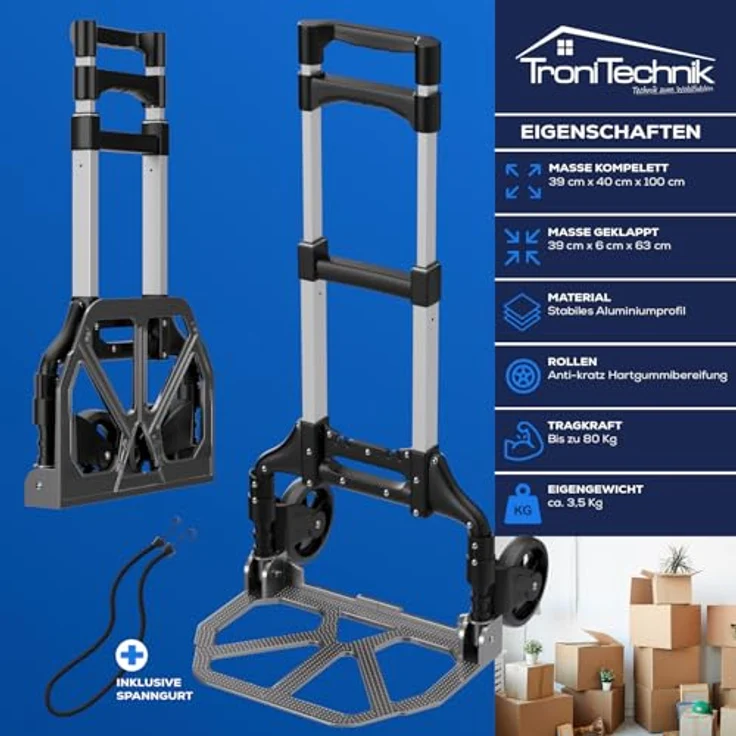 TroniTechnik Sackkarre Transportkarre Handkarre Handwagen, klappbar bis 80kg Tragfähigkeit, mit rutschfester Transportfläche und Tragegriff, faltbar - Preisvergleich – Bild 3
