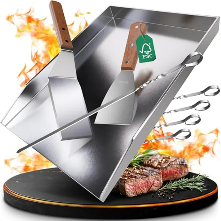 valuents® Grillplatte - Plancha Grill Platte, rostfreier Edelstahl 40 x 30 cm, für BBQ Gasgrill & Kohlegrill geeignet, inklusive Reinigungsbürste & Grillspachtel
