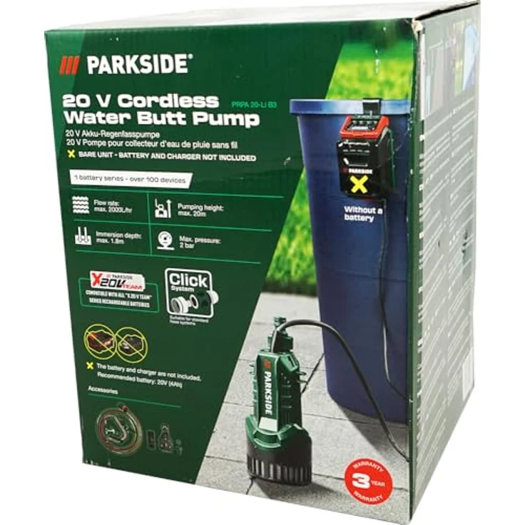 PARKSIDE® 20V Akku Regenfasspumpe PRPA 20 (ohne Akku), Tauchpumpe mit bis zu 20 m Förderhöhe – Bild 2