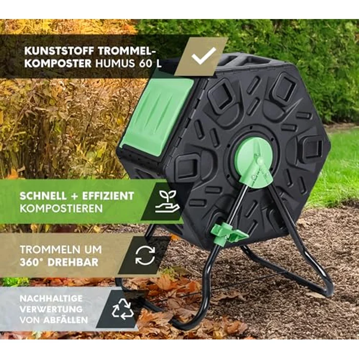Westmann Kunststoff Trommelkomposter Humus, 60 L rotierender Komposter mit 360° Drehfunktion, mobiler Gartenabfall-Kompostierer, rückenschonend und platzsparend, grün, 60x74x36 cm – Bild 2