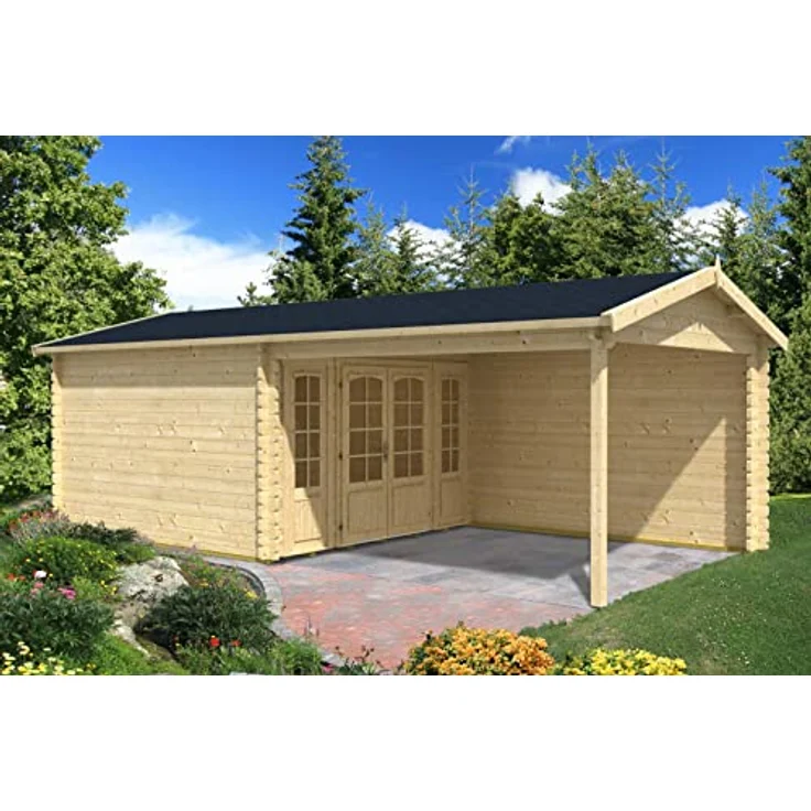 Alpholz Gartenhaus Freiburg-44 aus Massiv Holz, Freizeithaus, Blockhaus 44 mm Wandstärke, Garten Holzhaus mit Fussboden, Terrasse, Überdachung, Sitzecke 755 x 399 cm mit Doppeltür – Bild 4