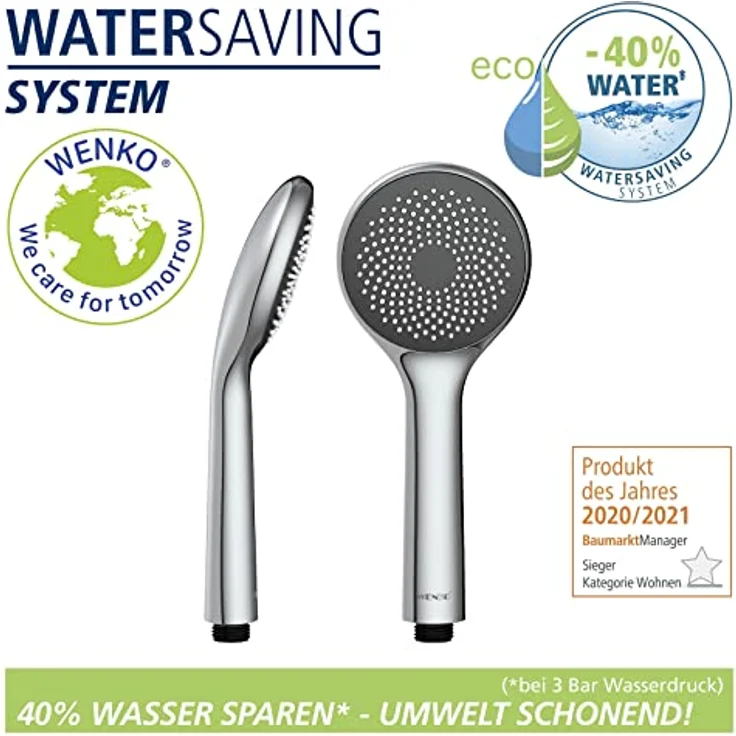WENKO Wasserspar Duschkopf Watersaving, wassersparende Universal-Handbrause, Duschbrause mit Wasserspar-System, 40% Wasser sparen bei vollem Komfort, Duschkopf Ø 9,6 cm, ABS verchromt – Bild 2