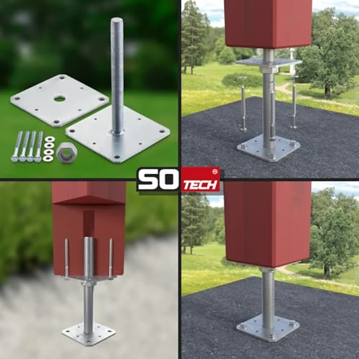 SO-TECH® Pfostenträger Stützträger, höhenverstellbar mit Gewinde M24, feuerverzinkt, wetterfest, 160 x 160 x 250 mm, 4 Stück – Bild 4