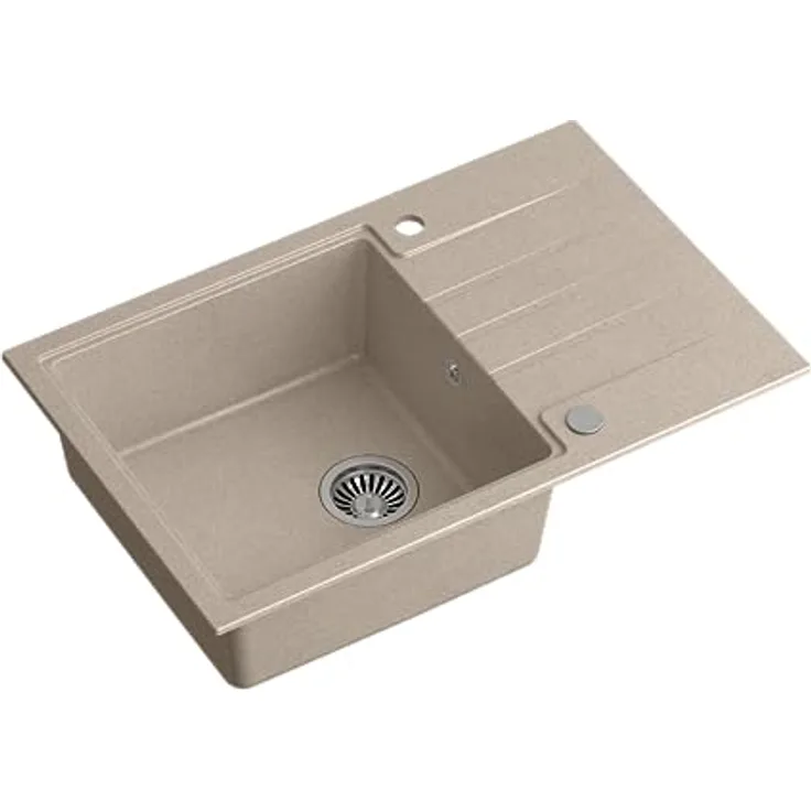 QUADRON Granitspüle Einbeckenspüle Beige & Stahl | PETER 111 Einzelbecken Küchenspüle mit manuellem Siphon und Abtropffläche
