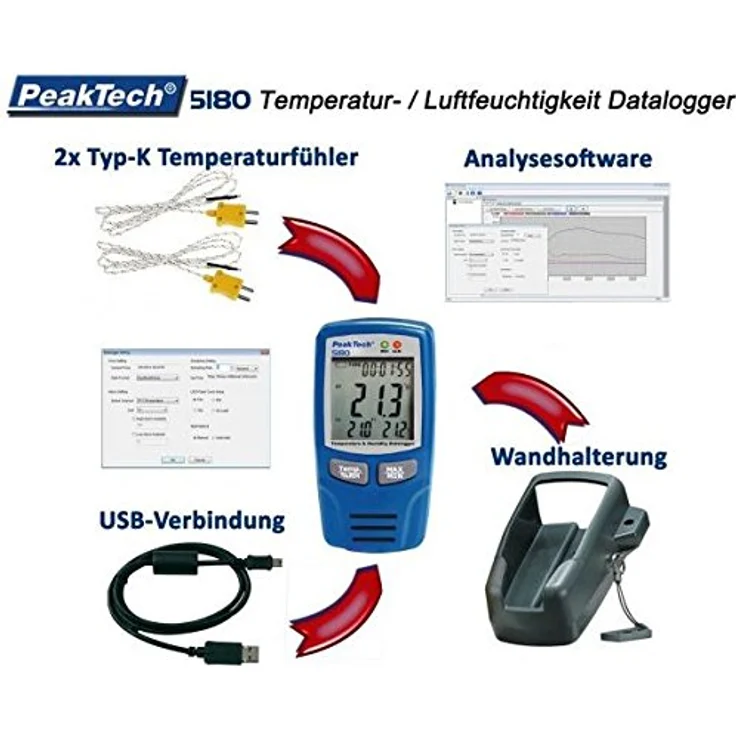 PeakTech Klimamesser PeakTech 5180: USB-Datenlogger für Luftfeuchtigkeit und -temp. ~ 67000, (1-St) – Bild 2