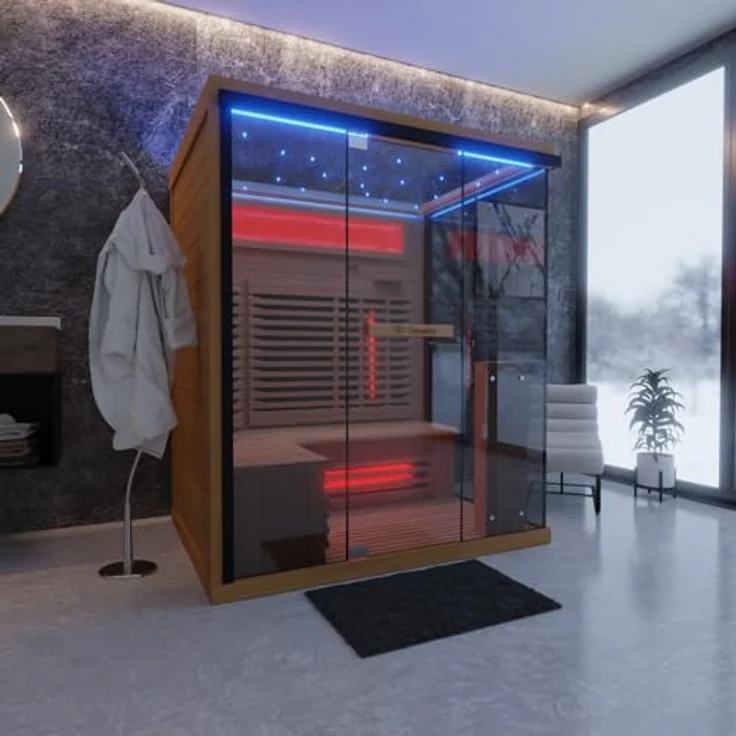 Dewello Sauna KENORA 160 Wärmekabine, 2-3 Personen, 6 Vollspektrumstrahler, (LED-Farblichttherapie inkl. Ionisator mit Ozondesinfektion und Aromatherapie, inkl. Ionisator mit Ozondesinfektion und Aromatherapie, Bluetooth & FM) – Bild 2