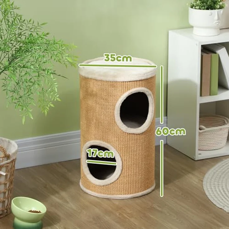 PawHut Kratztonne, 60 cm Hoch Katzentonne mit 2 Höhle, Kratzbaum, Katzenturm aus Sisal, für Katze bis 5 kg, Braun – Bild 5