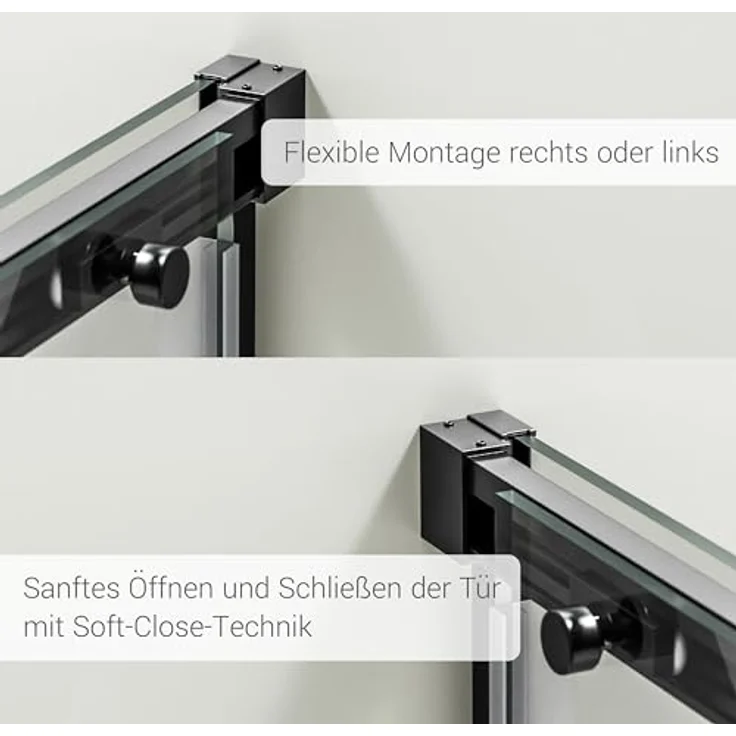 NEXTREND Eckdusche DX906 FLEX, Schiebetür mit Soft-Close, 8 mm Nano Echtglas, Schwarz matt, Breiten wählbar, 120 cm Schiebetür-Element und 80 cm Seitenwand – Bild 4