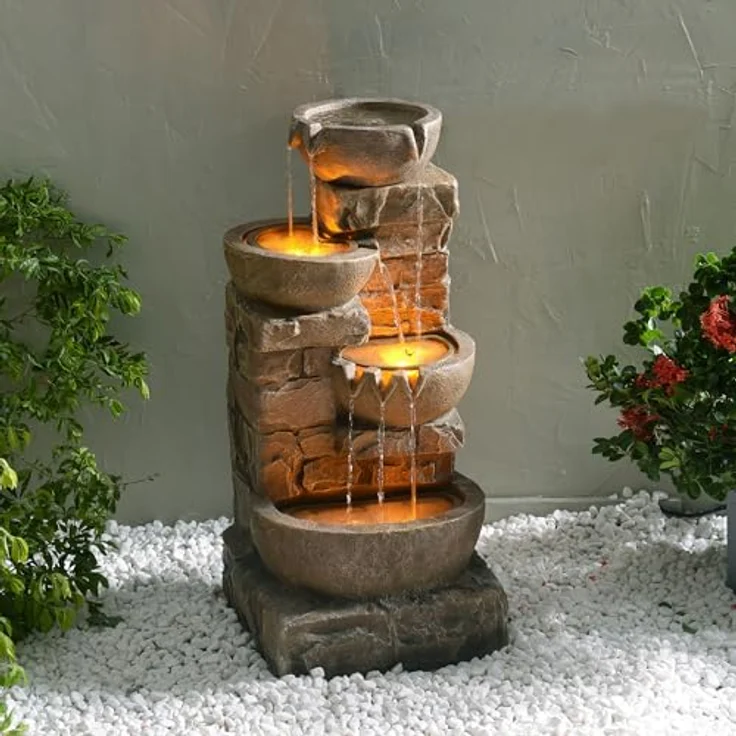 Teamson Home Wasserfallbrunnen "Cascading Bowls & Stacked Stones", Gartenbrunnen mit LED, Polyresin braun, H84 cm – Bild 3