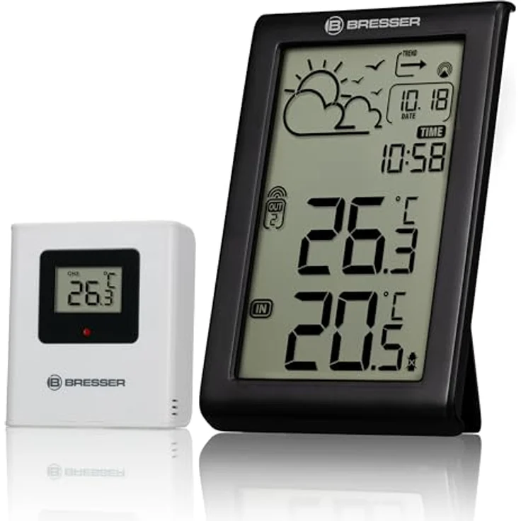 Bresser Wetterstation Funk Meteo Temp W, Wettervorhersage, Frostwarnung, DCF-Funkuhr, großes Display, digital, Schwarz – Bild 1