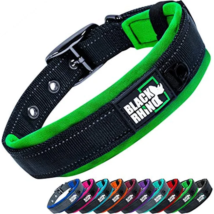 Black Rhino - Das Comfort Halsband Super Weiches Neopren Gepostertes Hundehalsband für alle Hunderassen - Hochbeanspruchbar Verstellbar Reflektierend Wetterfest (Klein, Grün/Schwarz)