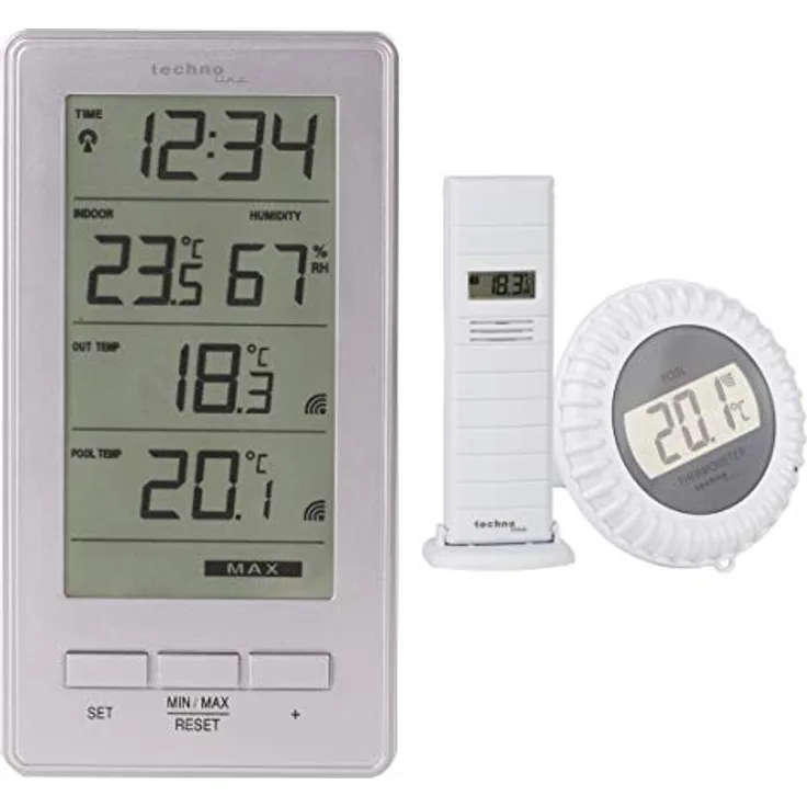 WS9069 Funkpoolsensor inklusive Außensender und Station, Innentemperatur, Außentemperatur, Innenluftfeuchte, Wassertemperatur, für Pool, Teich, Außenanlage