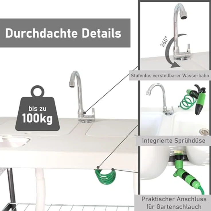 Lemodo Kunststoffspüle Filetiertisch klappbar mit zwei Becken und Abdeckungen, 101/65.5 cm, weiß, robustes Material, wetterbeständig, Outdoor-Spüle, Multifunktionswaschtisch - Preisvergleich – Bild 4