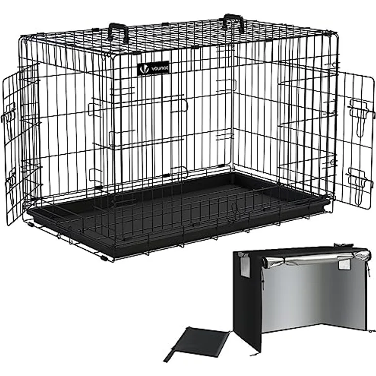 VOUNOT Hundekäfig Klappbar mit Abdeckung, Hundebox Auto Hundetransportkäfig mit Doppeltüren, 2 Transportgriffen & Bodenschale, L 92 x 58 x 64cm, Schwarz
