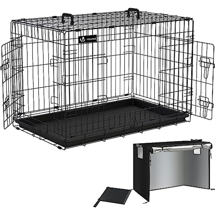 VOUNOT Hundekäfig Klappbar mit Abdeckung, Hundebox Auto Hundetransportkäfig mit Doppeltüren, 2 Transportgriffen & Bodenschale, L 92 x 58 x 64cm, Schwarz – Bild 1